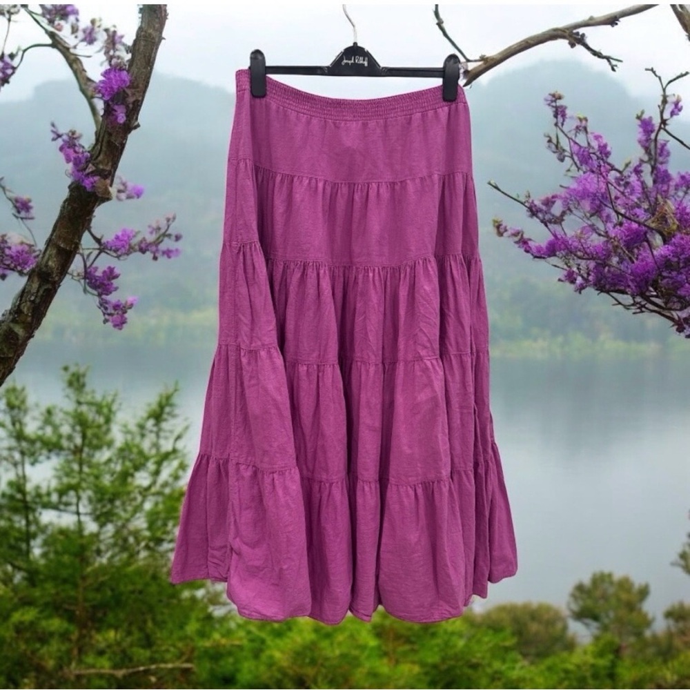 Vintage Fuchsia Color me Cotton orchid pink tiered boho Maxi Skirt, Large - Picture 4 of 6